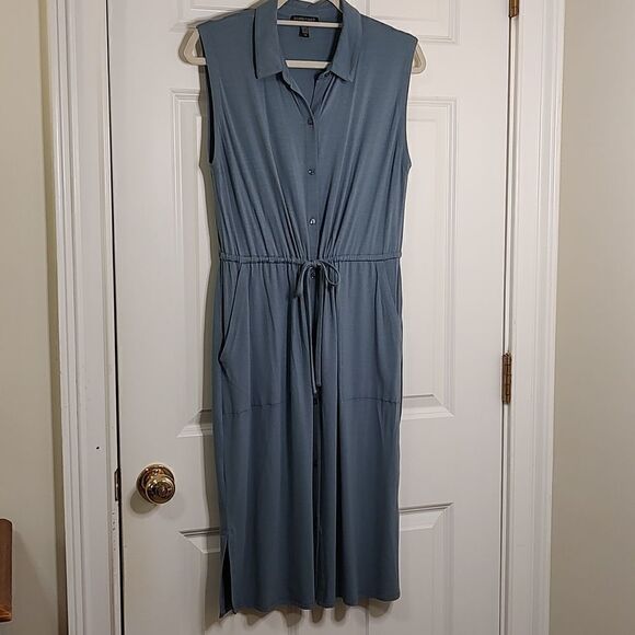 Eileen Fisher Sleeveless Drawstring Waist Button Front Dress Slate Blue Size S - Picture 1 of 8